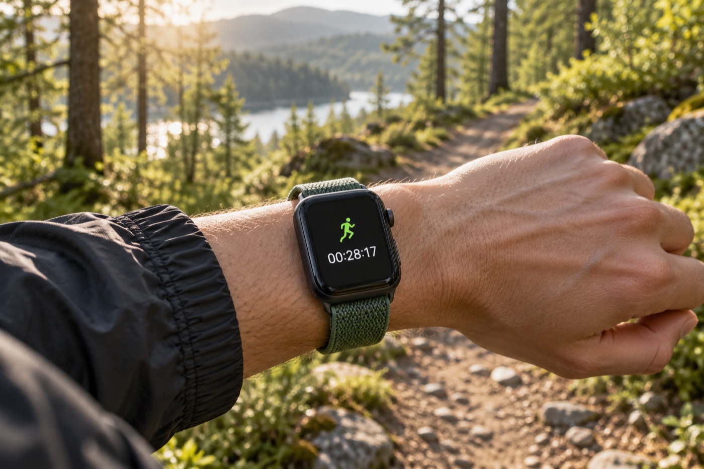 Runner wearing an Apple Watch in morning light, illustrative scene